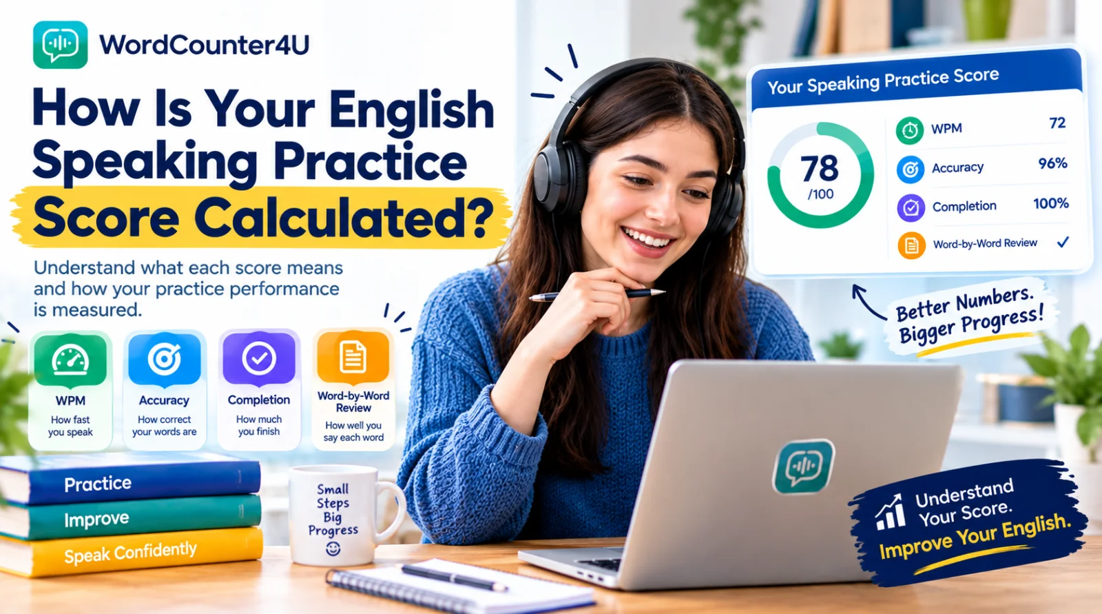 English speaking practice score results showing WPM accuracy and completion