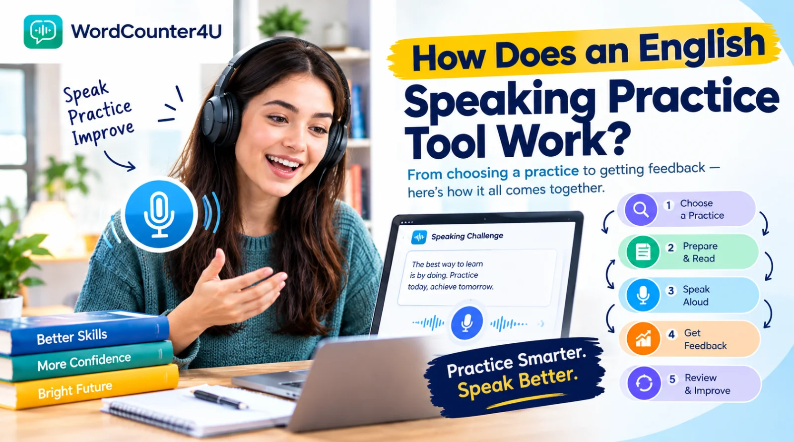 Learner using an online English speaking practice tool with a teleprompter