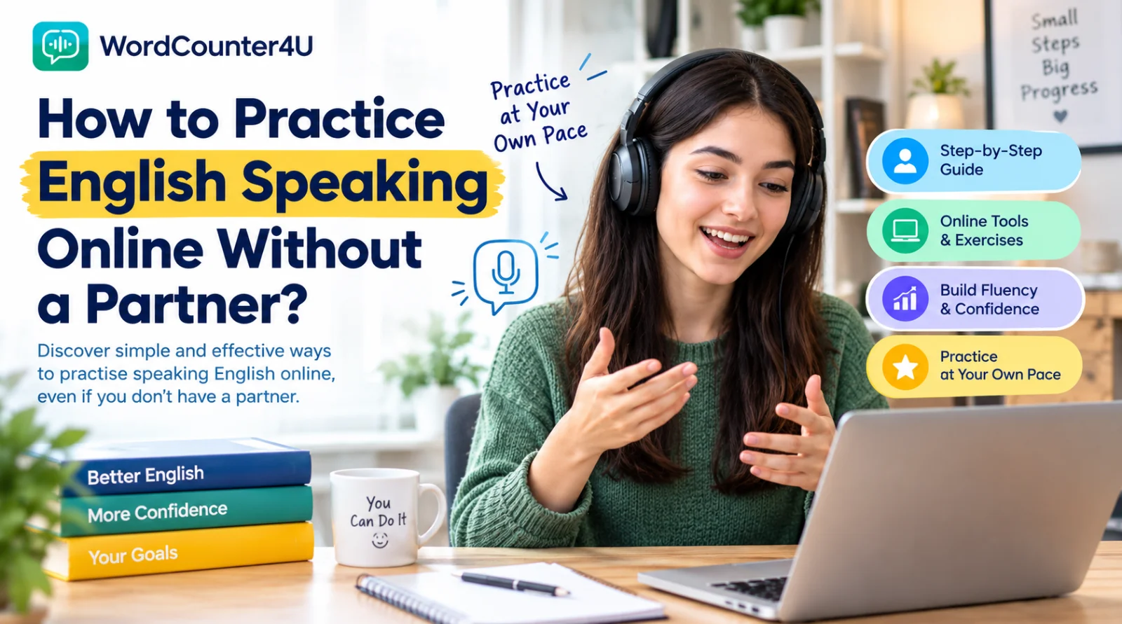 Person practising English speaking alone with an online speaking exercise