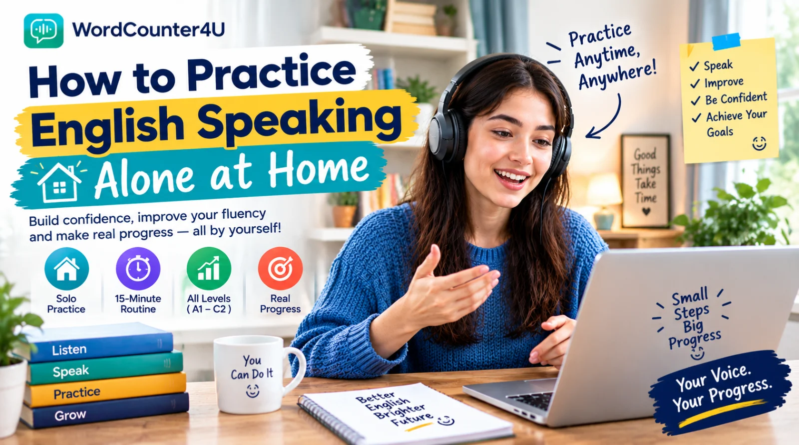 Person practising English speaking alone at home with a laptop and speaking exercise
