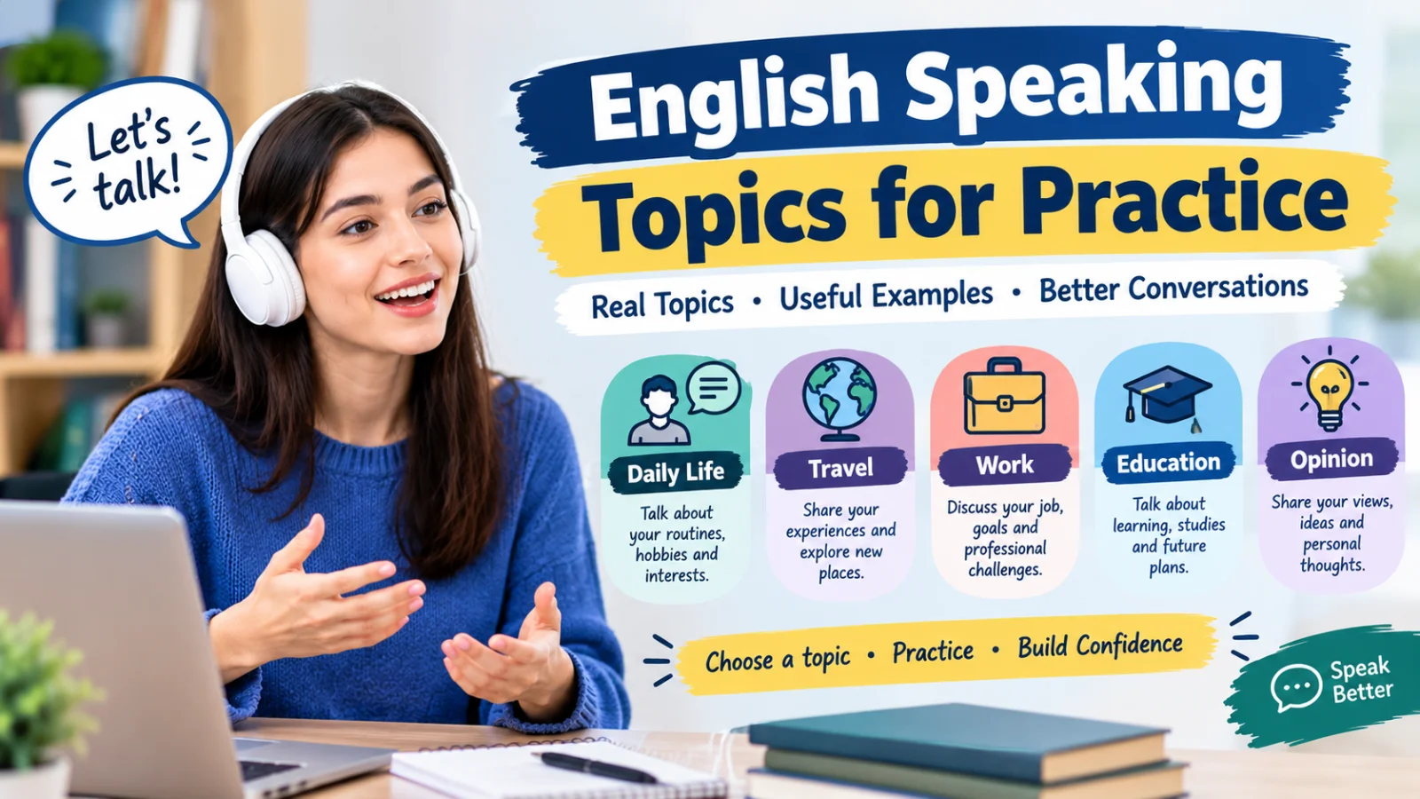 English learner choosing speaking topics for English practice, with topic cards for daily life, work, travel, and opinions